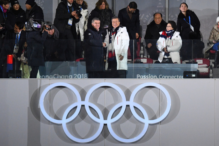 2018 PyeongChang Olympics Opening Ceremony  L R  Thomas Bach, Moon Jae in, Kim Jung sook,  FEBRUARY 9, 2018 : PyeongChang 2018 Olympic Winter Games Opening Ceremony at PyeongChang Olympic Stadium in Pyeongchang, South Korea.   Photo by MATSUO.K AFLO SPORT 