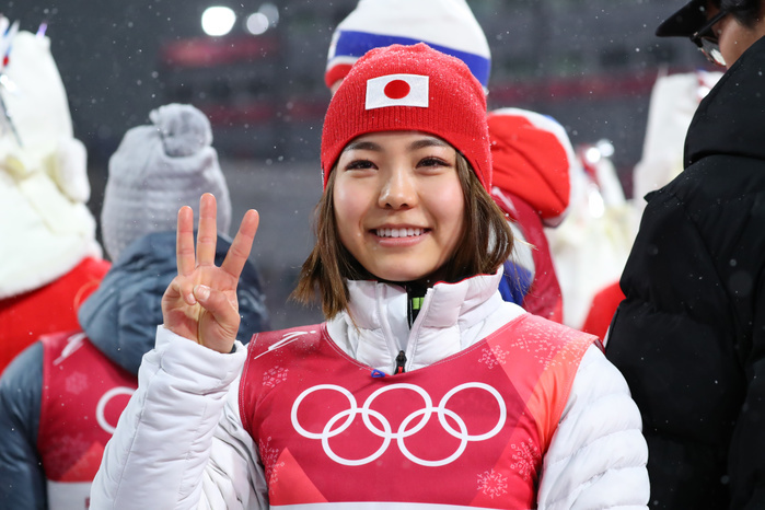 2018 PyeongChang Olympics Ski Jumping Women s Individual Normal Hill, Bronze Medal for Takanashi Sara Takanashi  JPN  FEBRUARY 12, 2018   Ski Jumping :. Women s Individual Normal Hill Flower Ceremony at Alpensia Ski Jumping Centre during the PyeongChang 2018 Olympic Winter Games in Pyeongchang, South Korea.  Photo by Yohei Osada AFLO SPORT 