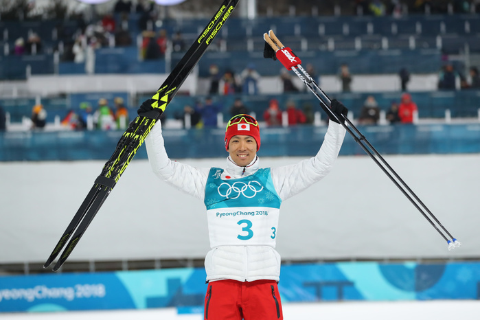 2018 PyeongChang Olympics Nordic Combined Individual Normal Hill, silver medal for Watanabe. Akito Watabe  JPN  FEBRUARY 14, 2018   Nordic Combined :. Individual NH 10km Flower Ceremony at Alpensia Cross Country Skiing Centre during the PyeongChang 2018 Olympic Winter Games in Pyeongchang, South Korea.  Photo by Yohei Osada AFLO SPORT 