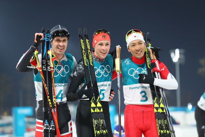 2018 PyeongChang Olympics Nordic Combined Individual Normal Hill, silver medal for Watanabe.  L R  Lukas Klapfer  AUT , Eric Frenzel  GER ,Akito Watabe  JPN  FEBRUARY 14, 2018   Nordic Combined :. Individual NH 10km at Alpensia Cross Country Skiing Centre during the PyeongChang 2018 Olympic Winter Games in Pyeongchang, South Korea.  Photo by Yohei Osada AFLO SPORT 