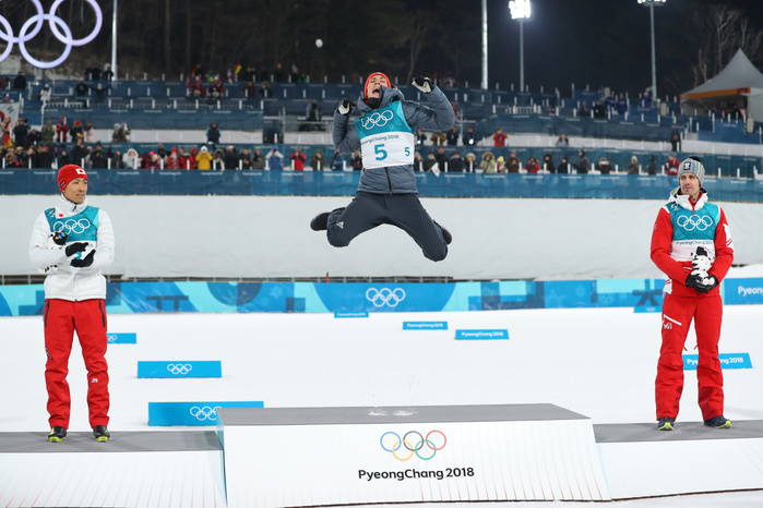 2018 PyeongChang Olympics Nordic Combined Individual Normal Hill, silver medal for Watanabe.  L R  Akito Watabe  JPN , Eric Frenzel  GER , Lukas Klapfer  AUT , FEBRUARY 14, 2018   Nordic Combined : Individual NH 10kmat Alpensia Cross Country Skiing Centre during the PyeongChang 2018 Olympic Winter Games in Pyeongchang, South Korea.  Photo by Yohei Osada AFLO SPORT 