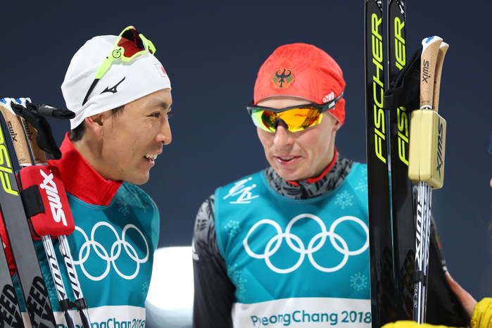2018 PyeongChang Olympics Nordic Combined Individual Normal Hill, silver medal for Watanabe.  L R  Akito Watabe  JPN , Eric Frenzel  GER  FEBRUARY 14, 2018   Nordic Combined :. Individual NH 10kmat Alpensia Cross Country Skiing Centre during the PyeongChang 2018 Olympic Winter Games in Pyeongchang, South Korea.  Photo by Yohei Osada AFLO SPORT 
