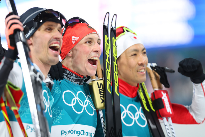 2018 PyeongChang Olympics Nordic Combined Individual Normal Hill, silver medal for Watanabe.  L R  Lukas Klapfer  AUT , Eric Frenzel  GER , Akito Watabe  JPN  FEBRUARY 14, 2018   Nordic Combined :. Individual NH 10kmat Alpensia Cross Country Skiing Centre during the PyeongChang 2018 Olympic Winter Games in Pyeongchang, South Korea.  Photo by Yohei Osada AFLO SPORT 