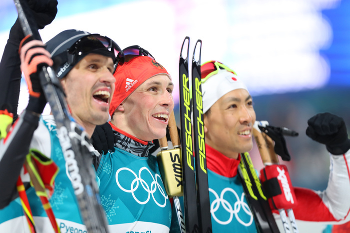 2018 PyeongChang Olympics Nordic Combined Individual Normal Hill, silver medal for Watanabe.  L R  Lukas Klapfer  AUT , Akito Watabe  JPN , Eric Frenzel  GER  FEBRUARY 14, 2018   Nordic Combined :. Individual NH 10km at Alpensia Cross Country Skiing Centre during the PyeongChang 2018 Olympic Winter Games in Pyeongchang, South Korea.  Photo by Yohei Osada AFLO SPORT 