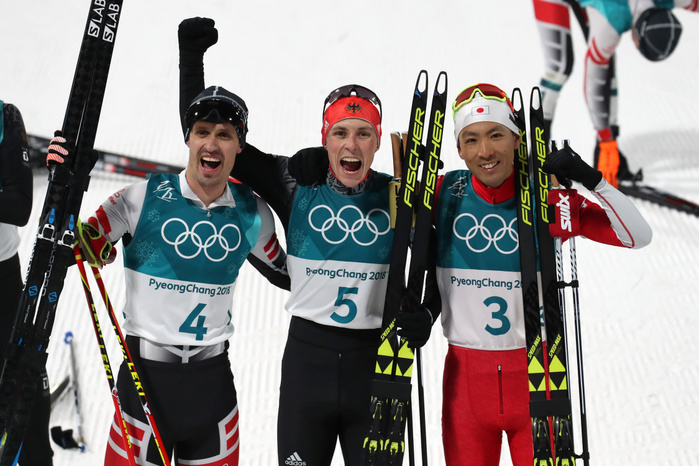 2018 PyeongChang Olympics Nordic Combined Individual Normal Hill, silver medal for Watanabe.  L R  Lukas Klapfer  AUT , Eric Frenzel  GER , Akito Watabe  JPN  FEBRUARY 14, 2018   Nordic Combined :. Individual NH 10km at Alpensia Cross Country Skiing Centre during the PyeongChang 2018 Olympic Winter Games in Pyeongchang, South Korea.  Photo by Koji Aoki AFLO SPORT 
