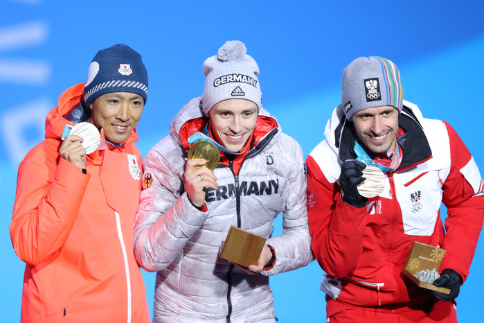 2018 PyeongChang Olympics Nordic Combined Individual Normal Hill Awards Ceremony, silver medal for Watanabe.  L R  Akito Watabe  JPN , Eric Frenzel  GER , Lukas Klapfer  AUT  FEBRUARY 15, 2018   Nordic Combined :. Individual NH 10km Medal Ceremony at PyeongChang Medals Plaza during the PyeongChang 2018 Olympic Winter Games in Pyeongchang, South Korea.  Photo by Yohei Osada AFLO SPORT 