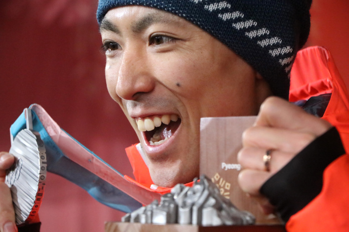2018 PyeongChang Olympics Nordic Combined Individual Normal Hill Awards Ceremony, silver medal for Watanabe. Akito Watabe  JPN  FEBRUARY 15, 2018   Nordic Combined :. Individual NH 10km Medal Ceremony at PyeongChang Medals Plaza during the PyeongChang 2018 Olympic Winter Games in Pyeongchang, South Korea.  Photo by AFLO SPORT 