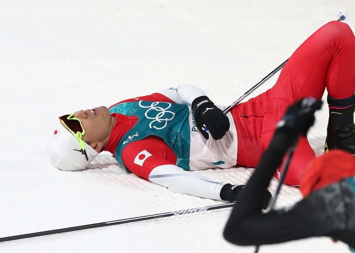 2018 PyeongChang Olympics Nordic Combined Individual Large Hill Akito Watabe collapses after finishing fifth in the combined large hill second half distance at the Pyeongchang Olympics, February 20, 2018  photo date 20180220  photo location Alpensia Ski Jumping Center, South Korea