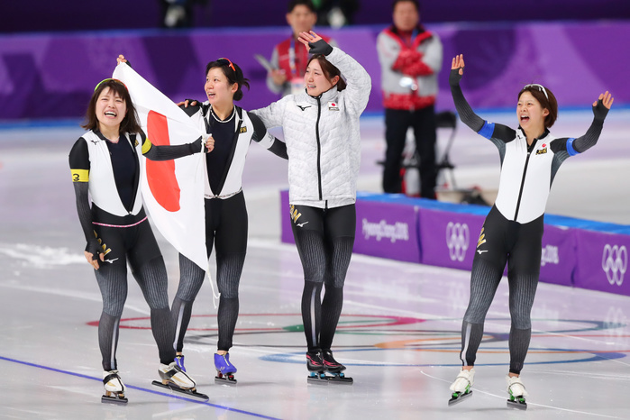 2018 PyeongChang Olympics Speed Skating Women s Team Pursuit Final Japan Wins Gold  L to R  Ayano Sato, Ayano Sato Miho Takagi, Ayaka Kikuchi, Ayaka Kikuchi Nana Takagi  JPN , Nana Takagi  JPN  FEBRUARY 21, 2018   Speed Skating :. Women s Team Pursuit Final at Gangneung Oval during the PyeongChang 2018 Olympic Winter Games in Gangneung, South Korea.  Photo by YUTAKA AFLO SPORT 