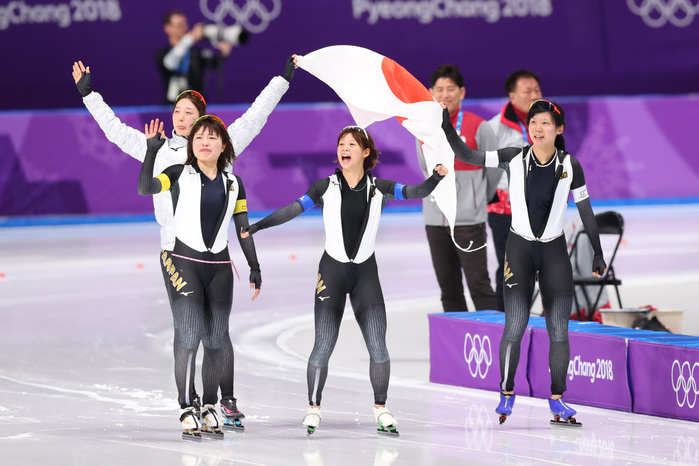 2018 PyeongChang Olympics Speed Skating Women s Team Pursuit Final Japan Wins Gold  L to R  Ayaka Kikuchi, Ayano Sato Ayano Sato, Ayano Sato Nana Takagi, Miho Takagi  JPN , Miho Takagi FEBRUARY 21, 2018   Speed Skating :. Women s Team Pursuit Final at Gangneung Oval during the PyeongChang 2018 Olympic Winter Games in Gangneung, South Korea.  Photo by YUTAKA AFLO SPORT 