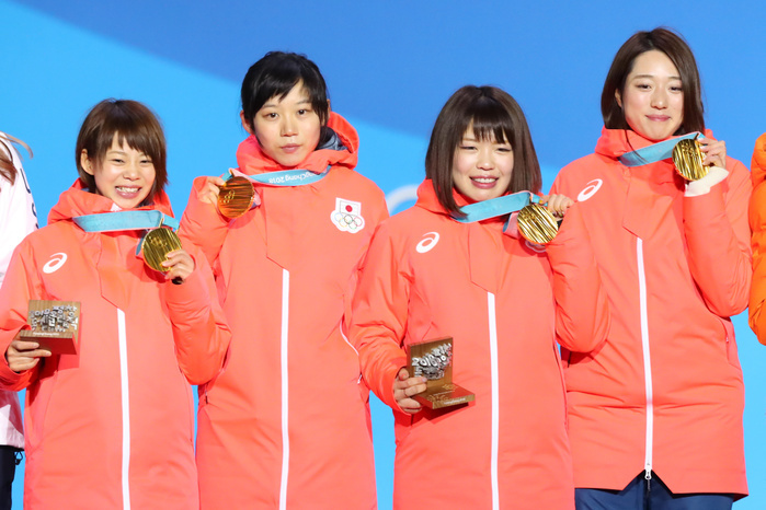 2018 PyeongChang Olympics Speed Skating Women s Team Pursuit Awards Ceremony Japan Wins Gold  L to R  Nana Takagi, Miho Takagi, Ayano Sato, Ayaka Kikuchi  JPN  Ayaka Kikuchi  JPN , Ayaka Kikuchi FEBRUARY 22, 2018   Speed Skating :. Women s Team Pursuit Medal Ceremony at PyeongChang Medals Plaza during the PyeongChang 2018 Olympic Winter Games in Pyeongchang, South Korea.  Photo by YUTAKA AFLO SPORT 