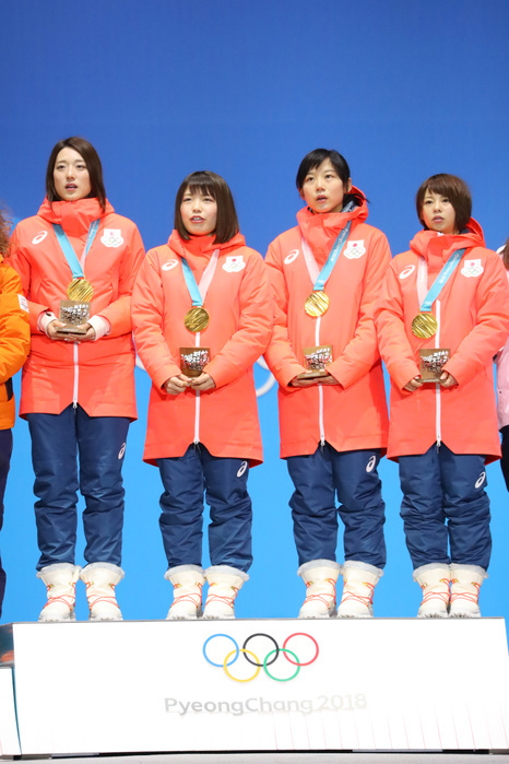 2018 PyeongChang Olympics Speed Skating Women s Team Pursuit Awards Ceremony Japan Wins Gold  L to R  Ayaka Kikuchi, Ayano Sato Ayano Sato, Ayano Sato Miho Takagi, Nana Takagi  JPN , Nana Takagi  JPN  FEBRUARY 22, 2018   Speed Skating :. Women s Team Pursuit Medal Ceremony at PyeongChang Medals Plaza during the PyeongChang 2018 Olympic Winter Games in Pyeongchang, South Korea.  Photo by YUTAKA AFLO SPORT 