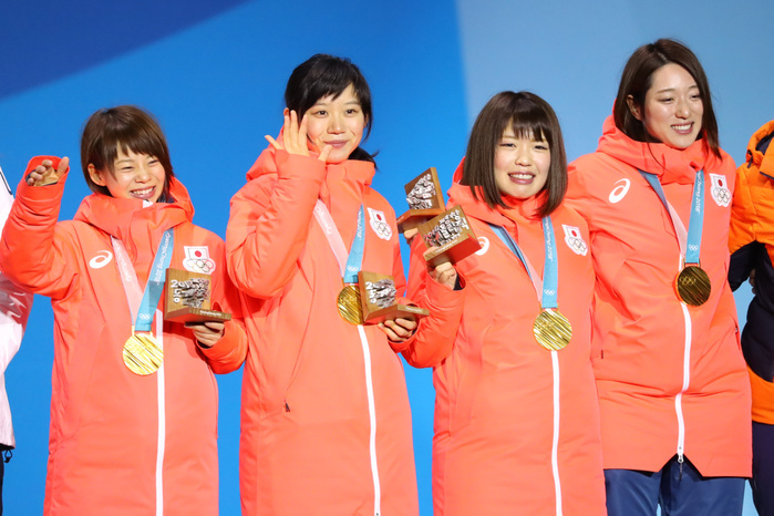2018 PyeongChang Olympics Speed Skating Women s Team Pursuit Awards Ceremony Japan Wins Gold  L to R  Nana Takagi, Miho Takagi, Ayano Sato, Ayaka Kikuchi  JPN  Ayaka Kikuchi  JPN , Ayaka Kikuchi FEBRUARY 22, 2018   Speed Skating :. Women s Team Pursuit Medal Ceremony at PyeongChang Medals Plaza during the PyeongChang 2018 Olympic Winter Games in Pyeongchang, South Korea.  Photo by YUTAKA AFLO SPORT 