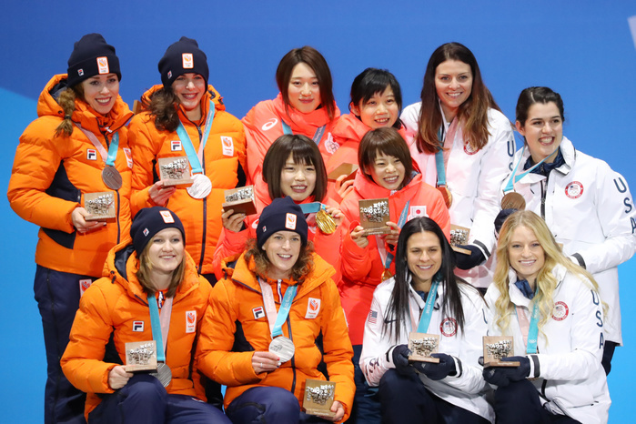 2018 PyeongChang Olympics Speed Skating Women s Team Pursuit Awards Ceremony Japan Wins Gold  L to R  Netherlands team group  NED , Japan team group  JPN  Japan team group  JPN , United States team group  USA  United States team group  USA , Japan team group  JPN , Japan team group  JPN , United States team group  USA  FEBRUARY 22, 2018   Speed Skating :. Women s Team Pursuit Medal Ceremony at PyeongChang Medals Plaza during the PyeongChang 2018 Olympic Winter Games in Pyeongchang, South Korea.  Photo by YUTAKA AFLO SPORT 
