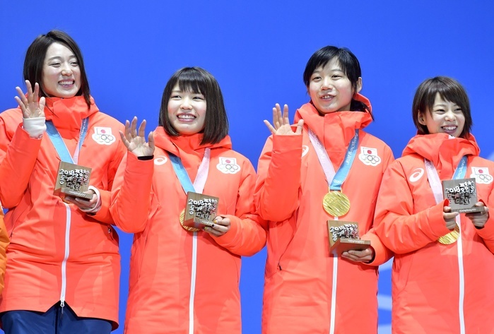 2018 PyeongChang Olympics Speed Skating Women s Team Pursuit Awards Ceremony Japan Wins Gold  L to R  Ayaka Kikuchi, Ayano Sato Ayano Sato, Ayano Sato Miho Takagi, Nana Takagi  JPN , Nana Takagi  JPN  FEBRUARY 22, 2018   Speed Skating :. Women s Team Pursuit Medal Ceremony at PyeongChang Medals Plaza during the PyeongChang 2018 Olympic Winter Games in Pyeongchang, South Korea.  Photo by AFLO 