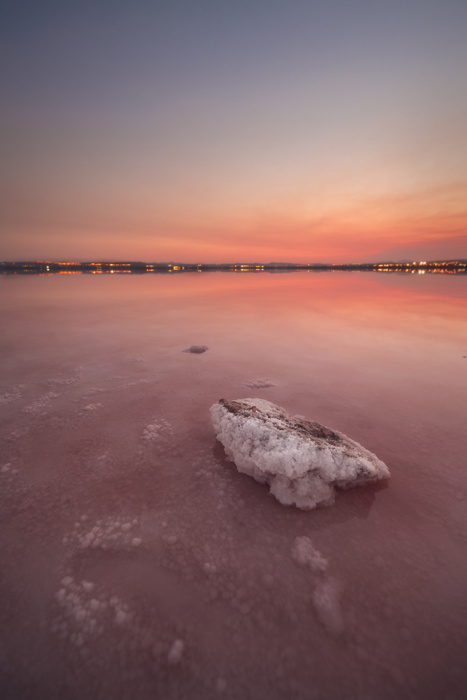 Spain Spain, Alicante, Salinas de Torrevieja, Sunset over pink lake