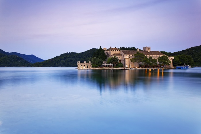 Benedictine monastery on the island of St. Maria in Veliko Jezero, Great Lake, National Park Mljet, Mljet Island, Dubrovnik-Neretva, Dalmatia, Croatia, Europe