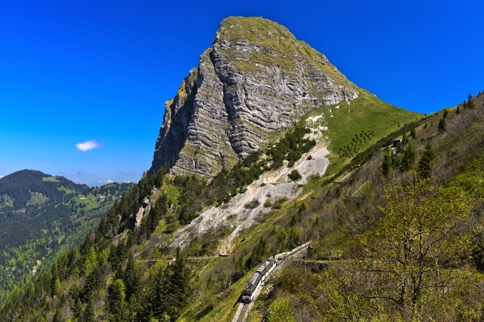 Summit Dent de Jaman with cog railway, above Montreux, Bernese Alps, Vaud, Switzerland, Europe