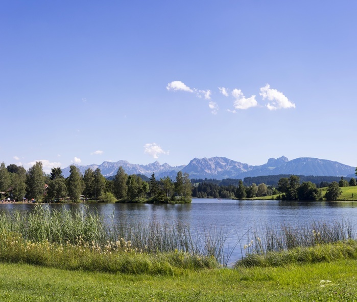Schwaltenweiher, reservoir lake, Seeg, Brentenjoch and Aggenstein, Ostallgau, Allgau, Swabia, Bavaria, Germany, Europe