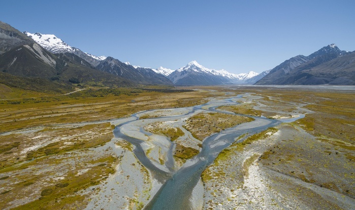 New Zealand Wide riverbed of Tasman River, Mount Cook at back, Mount Cook National Park, Canterbury Region, South Island, New Zealand, Oceania