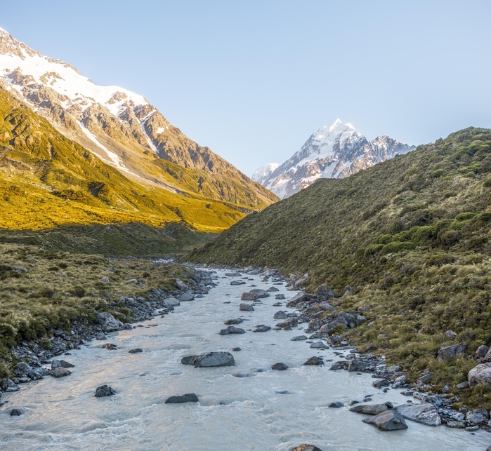 New Zealand Hooker River, Mount Cook, Mount Cook National Park, Sunrise, Southern Alps, Hooker Valley, Canterbury, South Island, New Zealand, Oceania