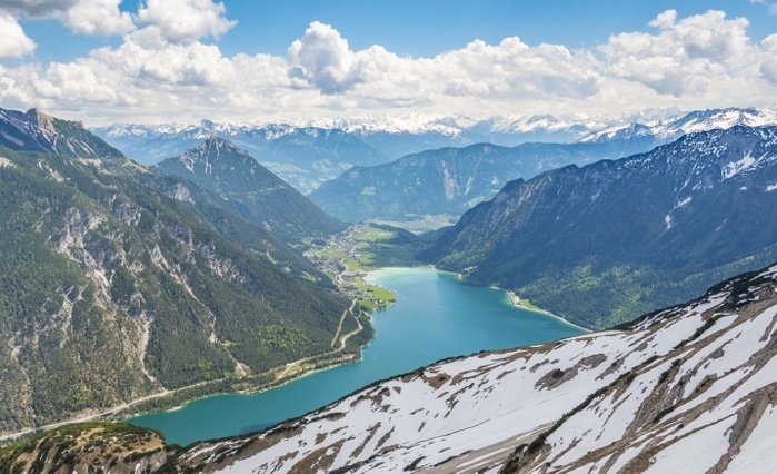 Austria View of Lake Achen and snowy main chain of the Alps, spring, Tyrol, Austria, Europe