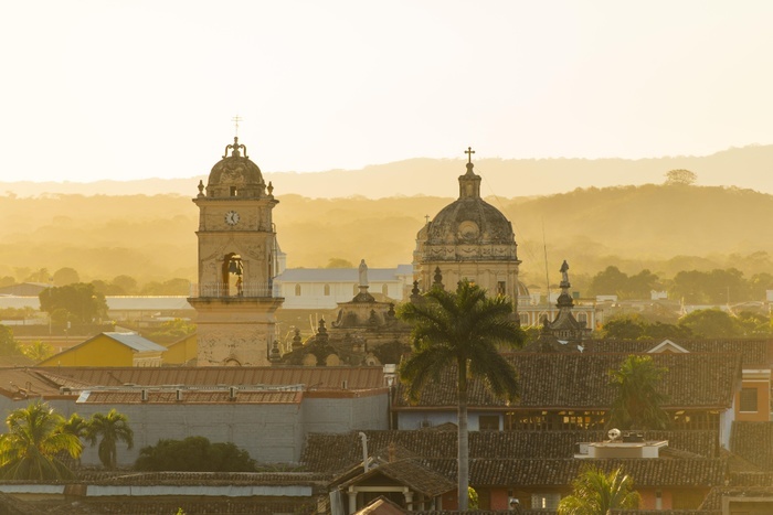 View of historic centre from the tower of the Cathedral Nuestra senora de la Asuncion, sunset, Granada, Nicaragua, Central America