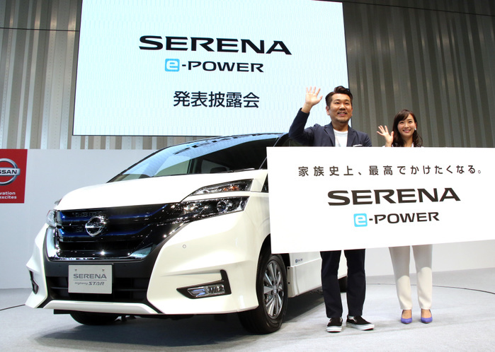 Nissan  Serena e POWER  is unveiled. February 28, 2018, Yokohama, Japan   Japanese comedian Toshifumi Fujimoto  L  and actress Miki Fujimoto attend a presentation of Japanese automobile giant Nissan Motor s minivan  Serena e Power  at the company s headquarters in Yokohama, suburban Tokyo on Wednesday, February 28, 2018. Serena e Power has an engine generated electric motor power unit and will go on sale on March 1.     Photo by Yoshio Tsunoda AFLO  LWX  ytd 