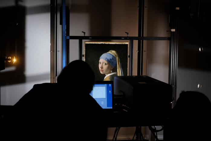 Vermeer s  Girl with a Pearl Earring    Meticulous research conducted with high tech equipment Mauritshuis museum s collection  Girl with a Pearl Earring   c. 1665  by Dutch painter Johannes Vermeer is pictured during a scientific examination at the museum March 2, 2018 in The Hague, Netherlands. An in depth scientific examination of Vermeer s iconic masterpiece is  being held, using latest technologies,  before the public from February 26 to March 11.  Photo by Yuriko Nakao Mauritshuis, The Hague AFLO   