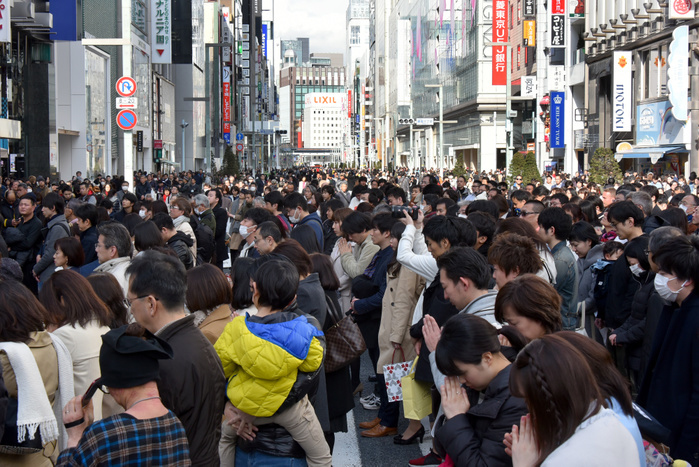 7 years after the Great East Japan Earthquake, a moment of silence at Ginza pedestrian precinct March 11, 2018, Tokyo, Japan   Tens of thousands of people offer silent prayers for those perished in the massive earthquake and tsunami at Tokyo s bustling Ginza shopping district on Sunday, March 11, 2018, as Japan observes the seventh anniversary of the More than 73,000 people have yet to returned to their hometowns in the aftermath of the calamity that More than 73,000 people have yet to return to their hometowns in the aftermath of the calamity that wreaked havoc on a wide swath of Japan s northeastern region seven years ago today.  Photo by Natsuki Sakai AFLO  AYF  mis 