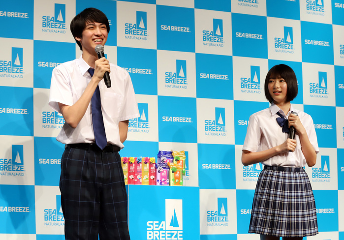 FT Shiseido Announces New Commercial March 12, 2018, Tokyo, Japan   Japanese actor Tsuyoshi Furukawa  L  and actress Natsumi Ikema attend a promotional event of Japanese cosmetics giant Shiseido s body care brand Sea Breeze in Tokyo on Monday, March 12, 2018. Japanese female chorus group Little Glee Monster also attended the event.     Photo by Yoshio Tsunoda AFLO  LWX  ytd 