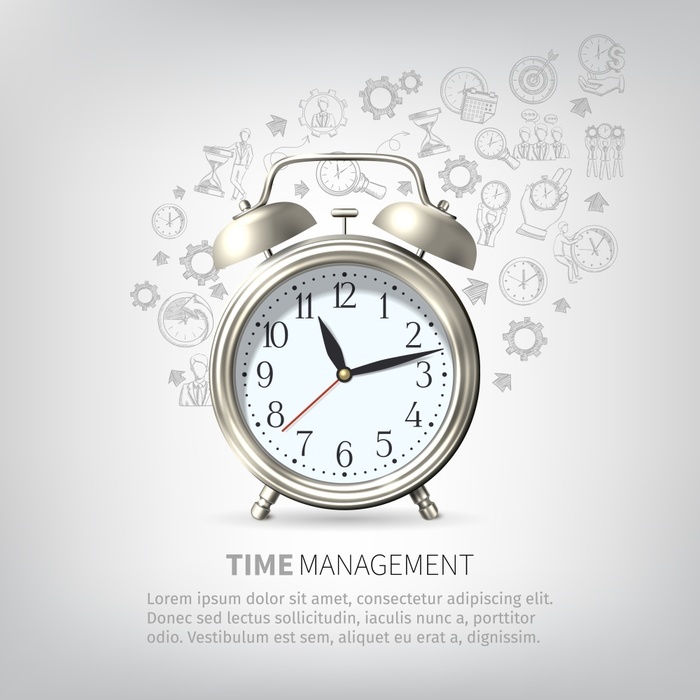 Time Management Poster Time management poster with sketch planning elements and realistic alarm clock vector illustration