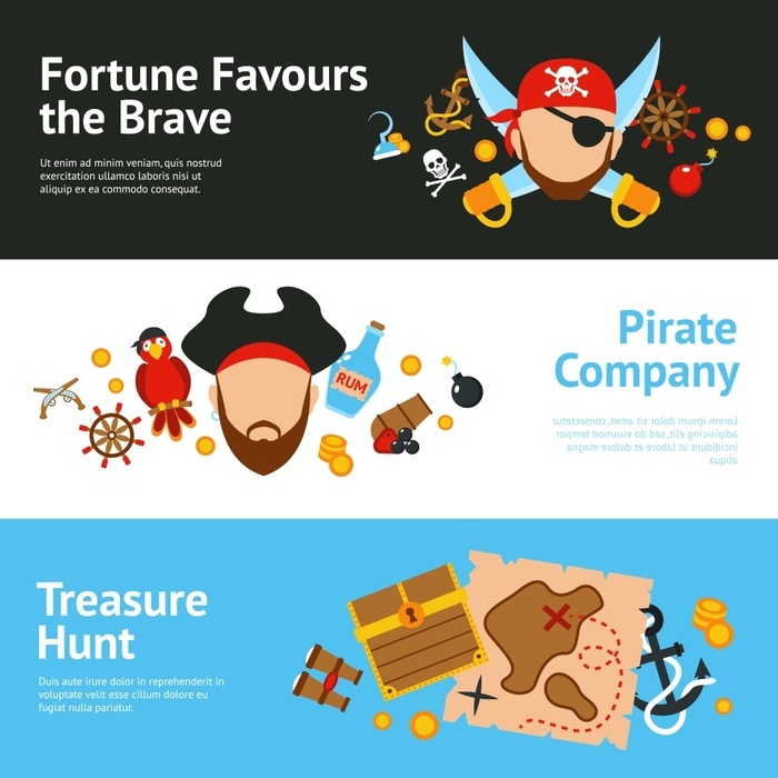Pirate concept flat banners set Pirates adventure hunt for lost treasure sailing cruise advertisement banners set poster flat abstract isolated vector illustration. Pirate concept flat banners set
