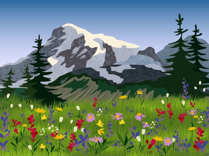 Landscape summer alpine medow poster Quality seasonal landscape wallpaper summer meadow with mountain range icy peaks background print picturesque abstract vector illustration. Landscape summer alpine medow poster