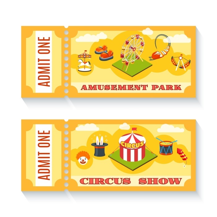 Two vintage amusement park tickets set Two vintage amusement park tickets set. Two vintage amusement park circus show entrance tickets  templates set with chapiteau tent abstract isolated vector illustration
