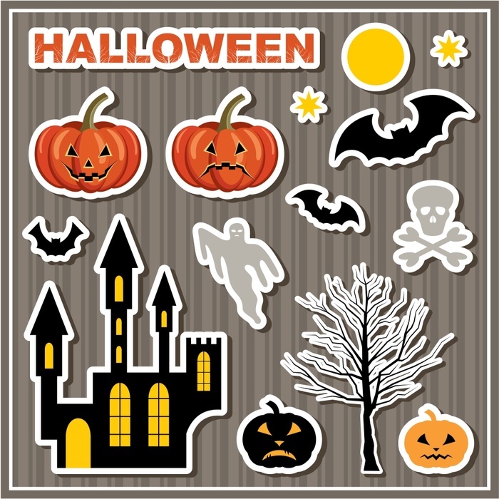 illustration Set of stickers Halloween. Lock, bats, pumpkin, skull and ghost. Vector illustration
