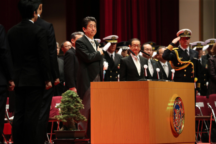 2018 National Defense Academy Graduation Ceremony March 18, 2018, Yokosuka, Japan   Japanese Prime Minister Shinzo Abe receives salutes upon his arrival at Japan s National Defense Academy in Yokosuka, suburban Tokyo for the graduation ceremony on Sunday, March 18, 2018. Abe delivered a speech before cadets graduating the school to argue the development of defense capability on space and cyber area.     Photo by Yoshio Tsunoda AFLO  LWX  ytd 