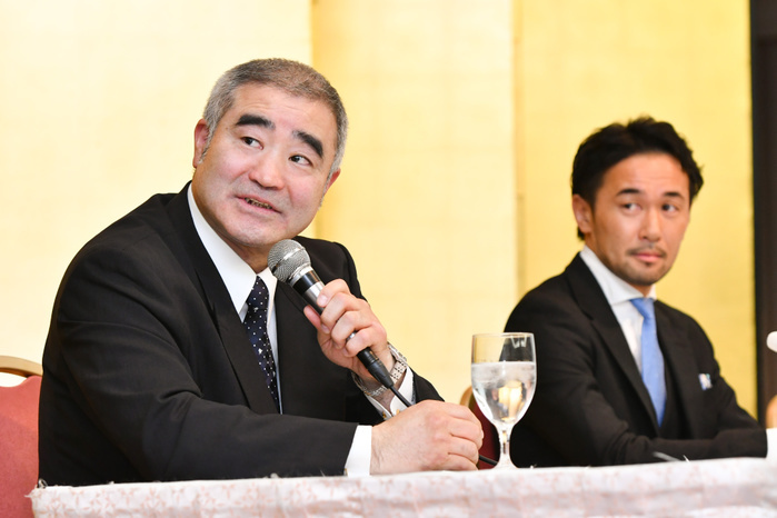 Shinsuke Yamanaka s news conference Former boxing champione Shinsuke Yamanaka, right, attends a news conference announcing his retirement with Tsuyoshi Hamada in Tokyo, Japan, on March 26, 2018.   Photo by Hiroaki Yamaguchi AFLO   L R                