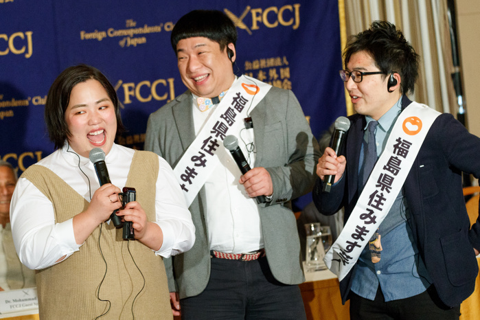 Yoshimoto Kogyo Establishes Company with Yunus Japanese comedians Yuriyan Retriever  L  and the comic duo Penguin Nuts, speak during a news conference at the Foreign Correspondents  Club of Japan on Mach 28, 2018, Tokyo, Japan. Nobel Peace Prize  2006  laureate Muhammad Yunus and Yoshimoto Kogyo Co.  a leading Japanese entertainment group  announced that they will be launching a new social business company Yunus Yoshimoto Social Action to help to solve social problems such as declining birthrate and depopulation of rural areas throughout Japan with the help of local entertainers.  Photo by Rodrigo Reyes Marin AFLO 