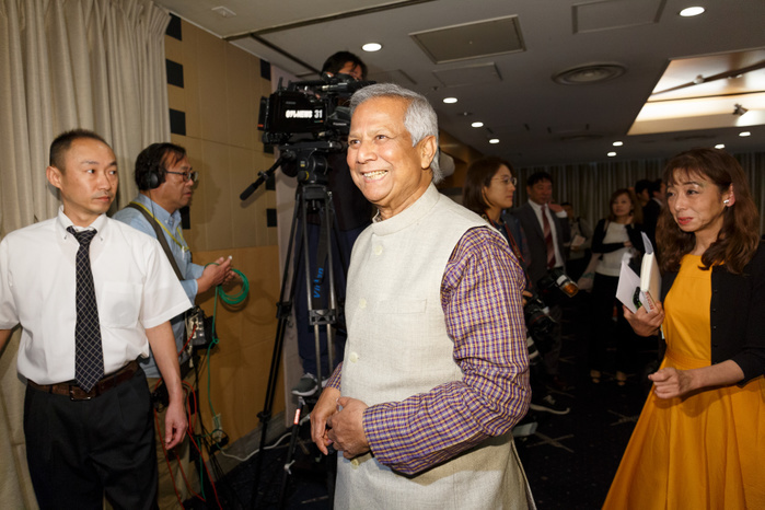 Yoshimoto Kogyo establishes company with Mr. Yunus Nobel Peace Prize  2006  laureate Muhammad Yunus leaves a news conference at the Foreign Correspondents  Club of Japan on Mach 28, 2018, Tokyo, Japan. Yunus and Yoshimoto Kogyo Co.  a leading Japanese entertainment group  announced that they will be launching a new social business company Yunus Yoshimoto Social Action to help to solve social problems such as declining birthrate and depopulation of rural areas throughout Japan with the help of local entertainers.  Photo by Rodrigo Reyes Marin AFLO 