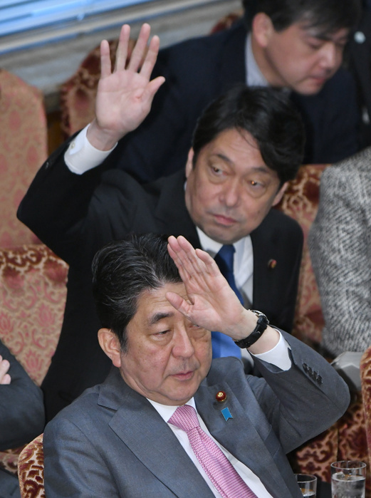 Prime Minister Abe apologizes over Japan Self Defense Forces  daily log issue April 9, 2018, Tokyo, Japan   Japan s Prime Minister Shinzo Abe is once again in political hot water since one scandal after another keeps Japan s Prime Minister Shinzo Abe is once again in political hot water since one scandal after another keeps haunting his administration as Abe faces the oppositions in a Diet upper house meeting in Tokyo on Monday, April 9, 2018. Now the Defense Ministry has  discovered  more than 14,000 pages of Ground Self Defense Force s daily log, kept during its Iraq deployment Now the Defense Ministry has  discovered  more than 14,000 pages of Ground Self Defense Force s daily log, kept during its Iraq deployment between 2004 to 2006, that were previously described as nonexistent, a further embarrassment for the government still reeling from a separate document. Defense Minister Itsunori Onodera is in background. Photo by Natsuki Sakai AFLO  AYF  mis 