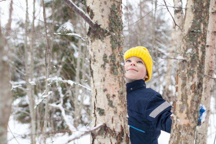 boy Boy in yellow knit hat looking up at tree in snow covered forest
