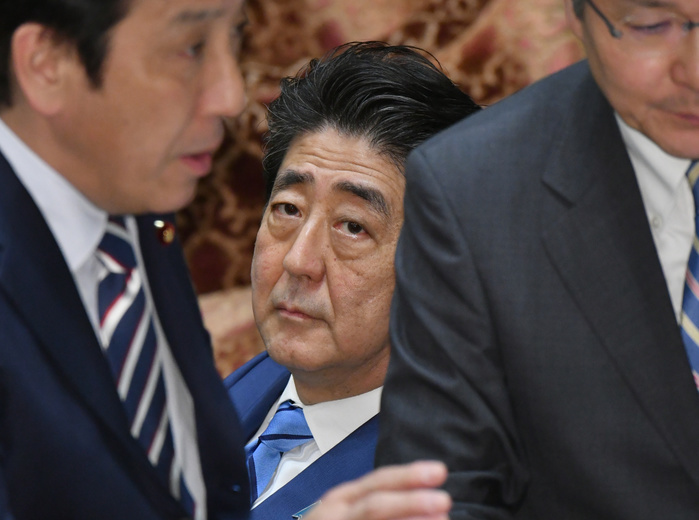 Intensive discussion at the Budget Committee of the House of Representatives April 11, 2018, Tokyo, Japan   Japan s Prime Minister Shinzo Abe sits pensively during a lower house budget committee meeting at the Diet in Tokyo on Wednesday, April 11, 2018. Day in and day out, Abe has been grilled by the oppositions over the improper, sometimes wrongful handling of the government documents.  Photo by Natsuki Sakai AFLO  AYF  mis 