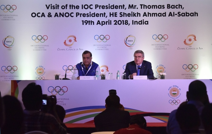 NEW DELHI INDIA APRIL 19 Thomas Bach President International Olympic Committee R and Presiden NEW DELHI, INDIA   APRIL 19: Thomas Bach, President International Olympic Committee  R  and President of the Indian Olympic Association  IOA  Narinder Dhruv Batra  L  addresses a press conference PK Pressekonferenz after a meeting with the International Olympic Committee, on April 19, 2018 in New Delhi, India. IOC President Thomas Bach is in India for a two day visit. to tap India s potential in Olympic IOC has decided to help with its expertise to prepare  Photo by Sonu Mehta Hindustan Times  International Olympic Committee President Thomas Bach In India PUBLICATIONxNOTxINxIND