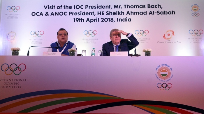 NEW DELHI INDIA APRIL 19 Thomas Bach President International Olympic Committee R and Presiden NEW DELHI, INDIA   APRIL 19: Thomas Bach, President International Olympic Committee  R  and President of the Indian Olympic Association  IOA  Narinder Dhruv Batra  L  addresses a press conference PK Pressekonferenz after a meeting with International Olympic Committee, on April 19, 2018 in New Delhi, India. IOC President Thomas Bach is in India for a two day visit. To tap India s potential in Olympic IOC has decided to help with its expertise to prepare the country s medal hopefuls for the 2020 Games.  Photo by Sonu Mehta Hindustan Times  International Olympic Committee President Thomas Bach In India PUBLICATIONxNOTxINxIND  