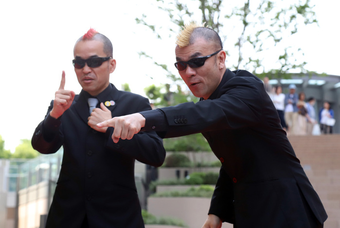 Maruchoba at the  Hibiya Festival May 1, 2018, Tokyo, Japan   Japanese silent comedy duo  Gamarjobat  members Ketch  L  and Hiro pon  R  perform at the outside stage of the newly opened Tokyo Midtown Hibiya in Tokyo on Tuesday, May 1, 2018. Award winning pantomimers attract shoppers for a week long Golden Week holidays in Japan.    Photo by Yoshio Tsunoda AFLO  LWX  ytd 