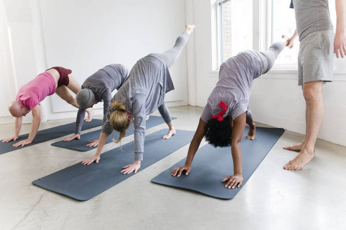 Students in yoga class, Vancouver, British Columbia