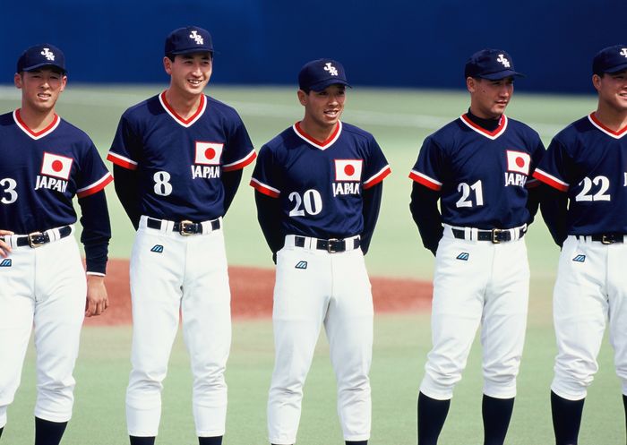 Japan team group (JPN),
1996 - Baseball : Japan team (L-R) Nobuhiko Matsunaka #3, Yasuyuki Saigo #8, Koichi Isobe #20, Takashi Kurosu #21 and Sugimoto #22 line up before the game in Japan.
(Photo by AFLO) [0198]