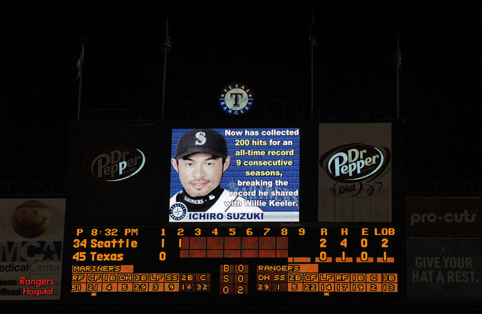 Ichiro reaches 200 hits for the ninth year in a row . electric scoreboard, Ichiro Suzuki  Mariners , SEPTEMBER 13, 2009   MLB : The Ichiro Suzuki of the Seattle Mariners hit his 200th hit of the season against the Texas Rangers pitcher Derek Holland during game two of a double header at the Ballpark in Arlington, Texas, USA. Suzuki became the first player to have nine consecutive 200 hit seasons against the Texas Rangers pitcher Derek Holland during game two of a double header at the Ballpark in Arlington, Texas, USA.  Photo by AFLO   0559  Suzuki became the first player to have nine consecutive 200 hit seasons.