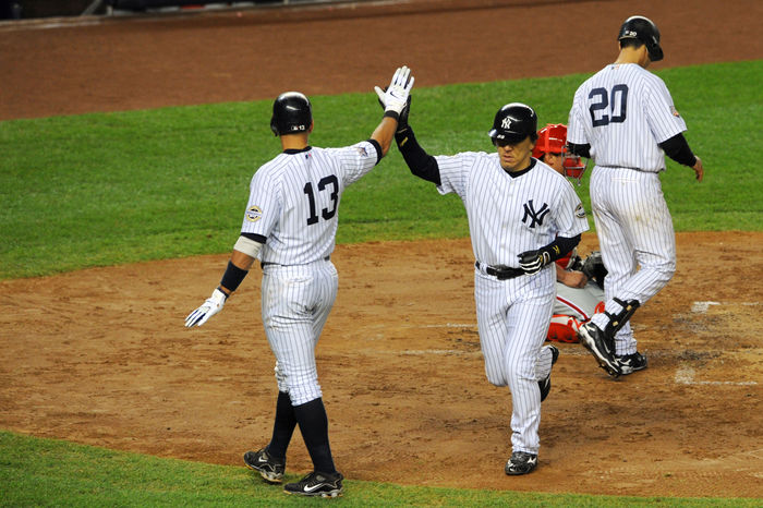 2009 MLB World Series Game 6 Matsui hits a two run homer to lead off the game. Hideki Matsui  Yankees , NOVEMBER 4, 2009   MLB : New York Yankees batter Hideki Matsui  R  celebrates with his teammate Alex Rodriguez   13  after Matsui  39 s two RBI home run in the second inning in Game 6 of the 2009 Major League Baseball World Series at New Yankee Stadium in the Bronx, NY, USA. by AFLO   0672 .